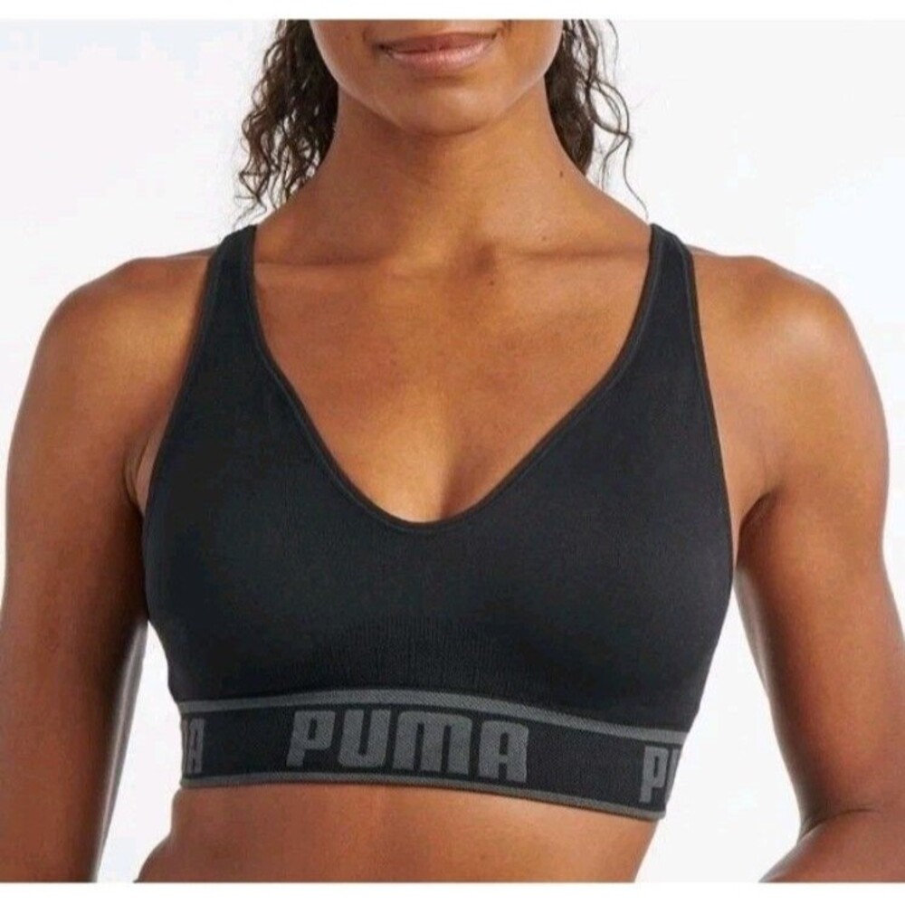 Puma Women's Seamless Sports Running Yoga Bra Black/Gray Sizes Medium - Picture 2 of 7